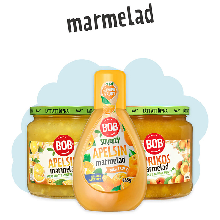 Produktbilder från Bob på apelsinmarmelad och aprikosmarmelad i burk och sueezy flaska.