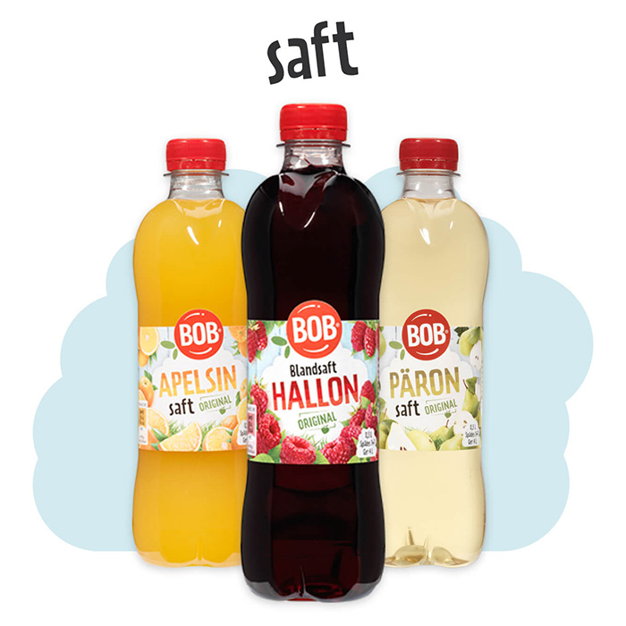 Produktbilder från Bob på apelsinsaft, hallonblandsaft och päronsaft