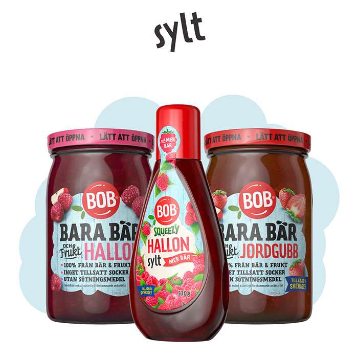 Produkt bilder från Bob, hallonsylt och jordgubbssylt i burk och squeezy flaska.
