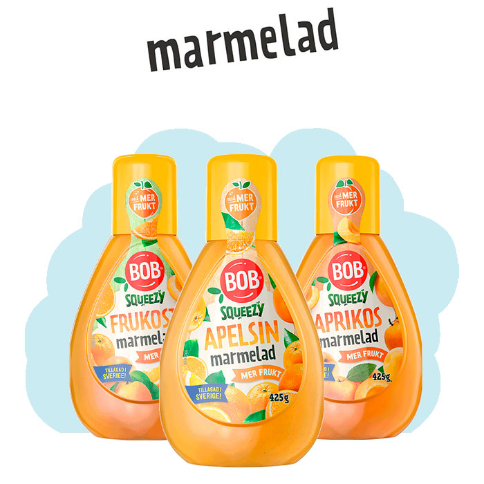 BOB Squeezy frukostmarmelad, BOB Squeezy apelsinmarmelad och BOB Squeezy aprikosmarmelad.
